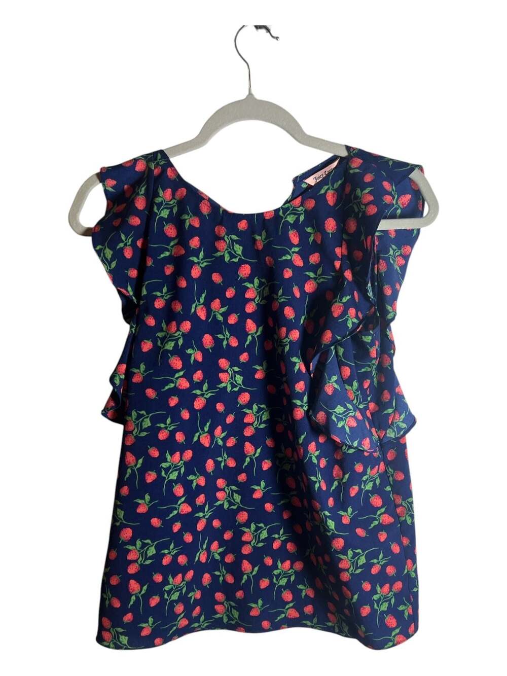 Juicy Couture Blue Strawberry Print Ruffled Sleeveless Top size s